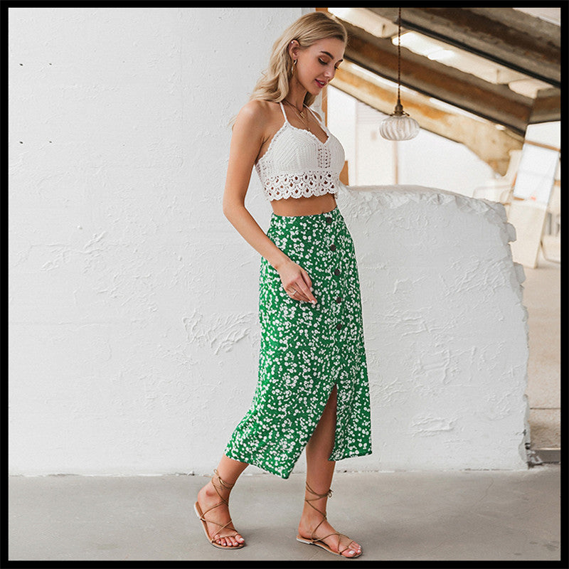 Holiday idyllic printed button mid-length skirt slim for women