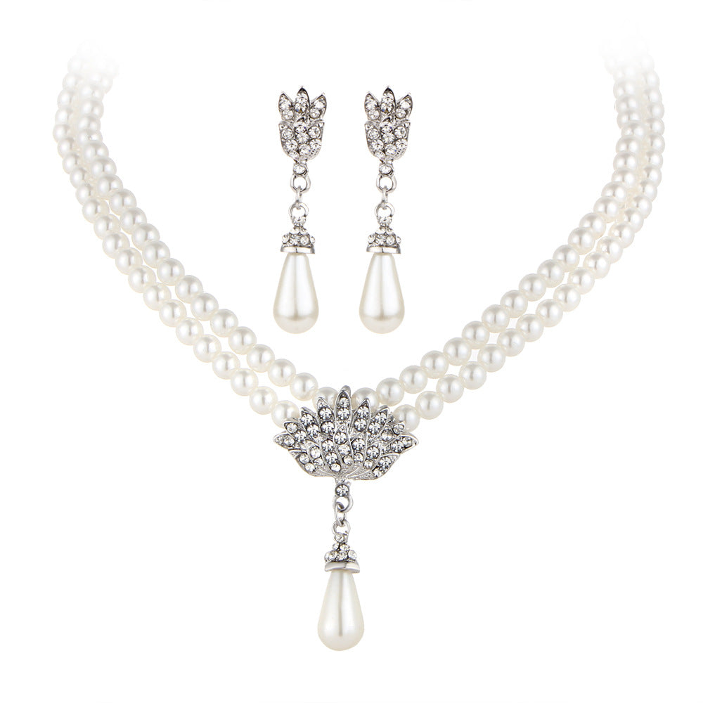 Women Jewelry Bridal Pearl Crystal Diamond Short Clavicle Neck Necklace Set