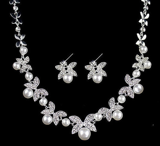 Women B0879 bride wedding jewelry accessories wholesale fashion diamond pearl necklace earrings set leaves the atmosphere