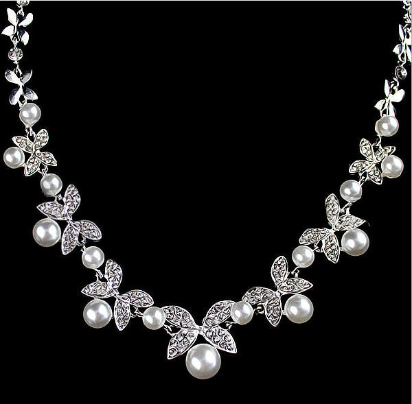 Women B0879 bride wedding jewelry accessories wholesale fashion diamond pearl necklace earrings set leaves the atmosphere
