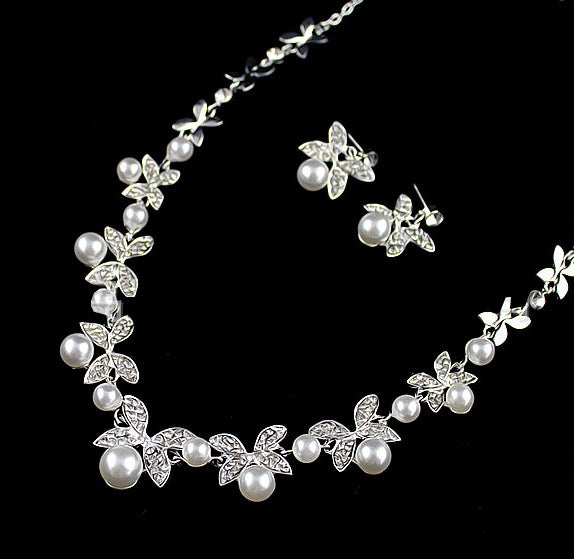 Women B0879 bride wedding jewelry accessories wholesale fashion diamond pearl necklace earrings set leaves the atmosphere