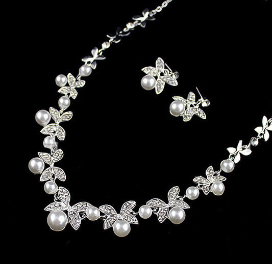 Women B0879 bride wedding jewelry accessories wholesale fashion diamond pearl necklace earrings set leaves the atmosphere