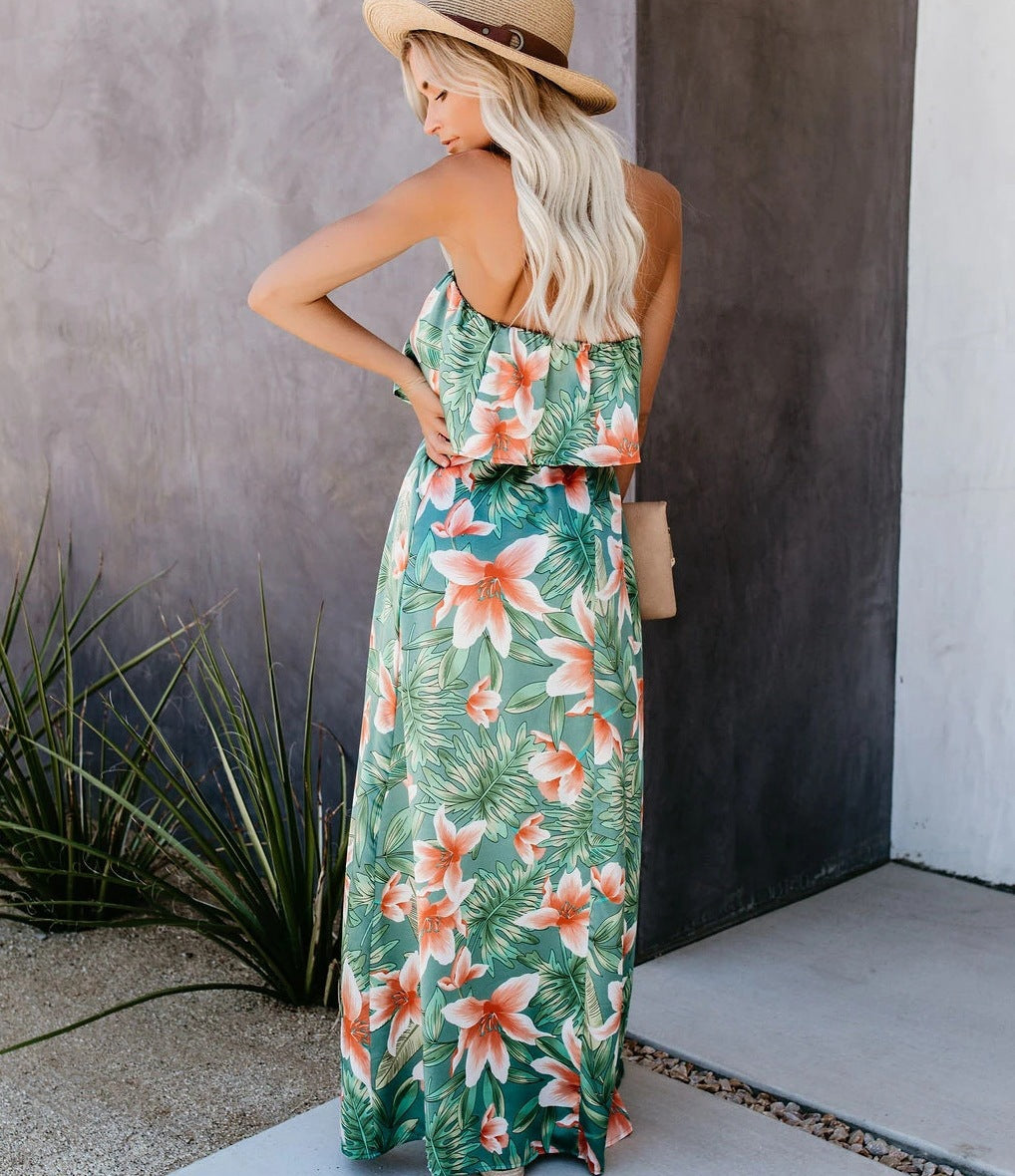 Off-shoulder ruffle split dress