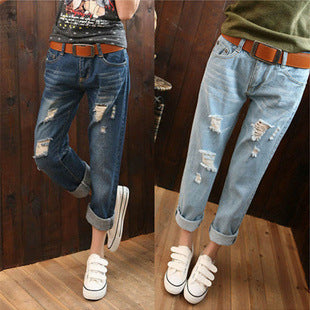 Summer new version of Korean women's large size loose BF broken jeans, women's Haren nine points pants