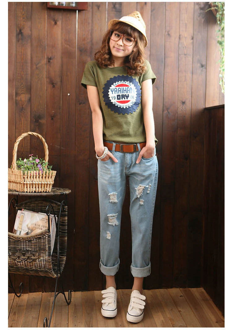 Summer new version of Korean women's large size loose BF broken jeans, women's Haren nine points pants