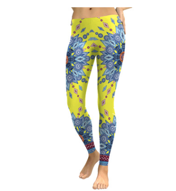 Yellow Blue Starburst Mandala Flower Yoga Workout Leggings For Women