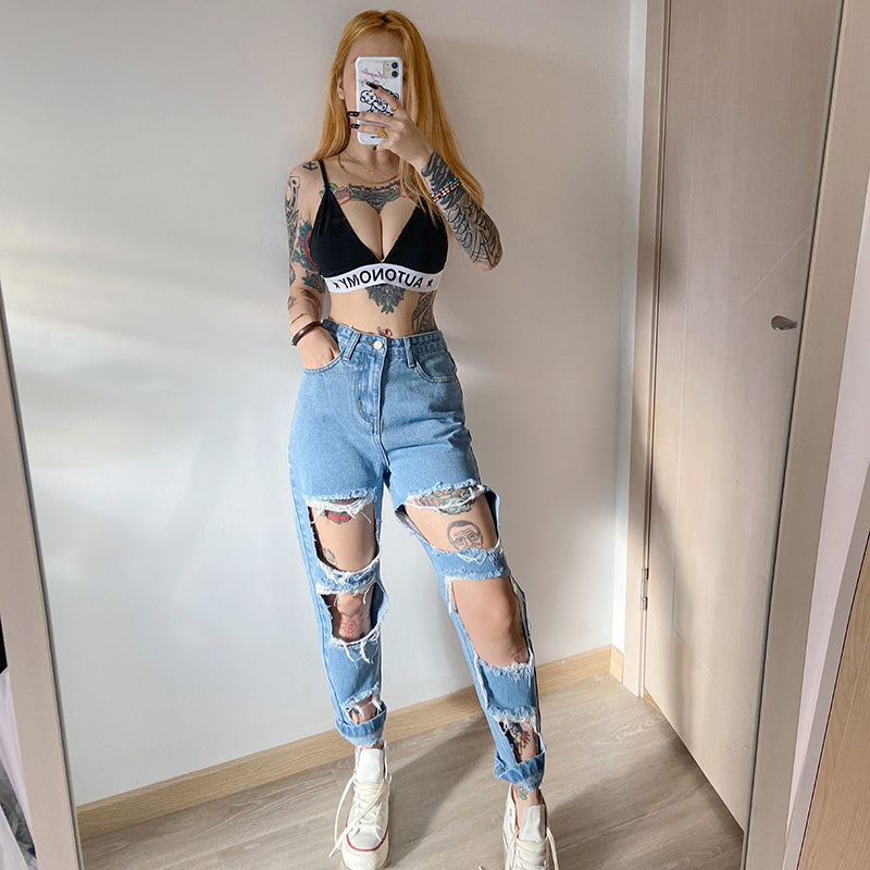 Ripped raw high-rise jeans for women