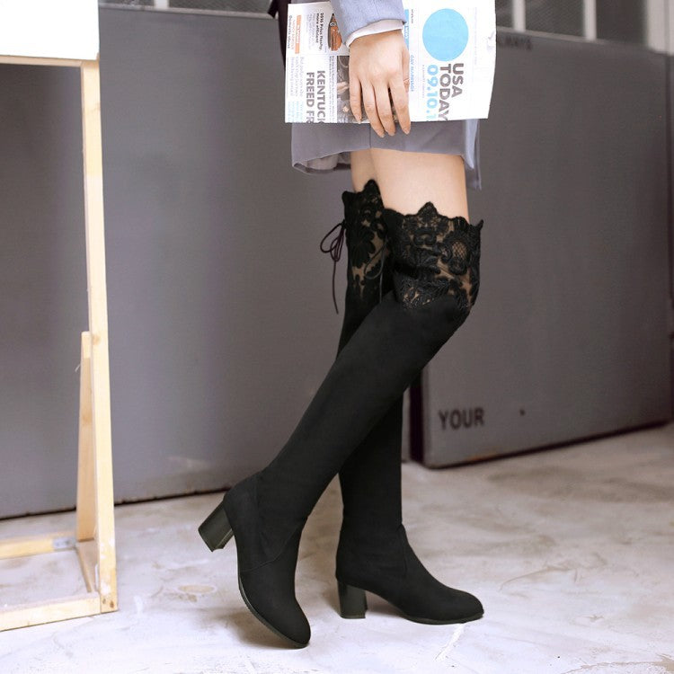 Increased Female Boots Sexy Knee High-heeled Boots Inside Hollow Lace