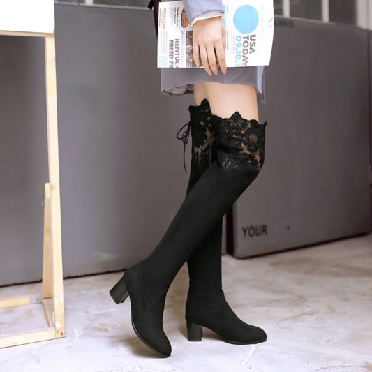 Increased Female Boots Sexy Knee High-heeled Boots Inside Hollow Lace