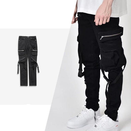 Men Pocket Buckle Streamer Functional Pants Couple Feet Jeans