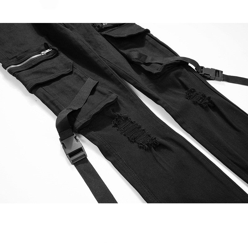 Men Pocket Buckle Streamer Functional Pants Couple Feet Jeans