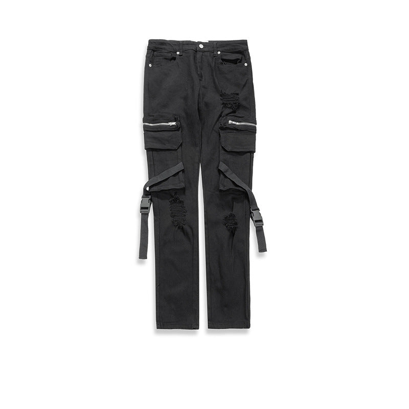 Men Pocket Buckle Streamer Functional Pants Couple Feet Jeans