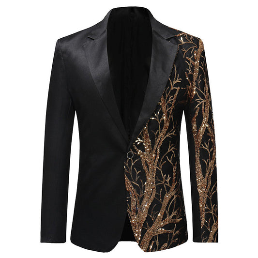 Colorblock Sequined Long-sleeved Emcee Casual Suit For Men
