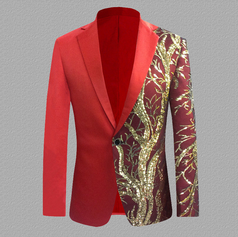 Colorblock Sequined Long-sleeved Emcee Casual Suit For Men