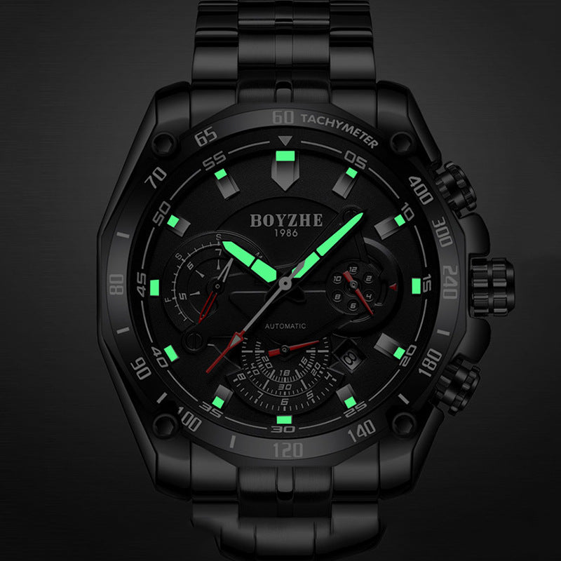 BOYZHE Swiss Certified Brand Watch Steel Belt Week Display Luminous Waterproof Fashion Sports Men Mechanical Watches