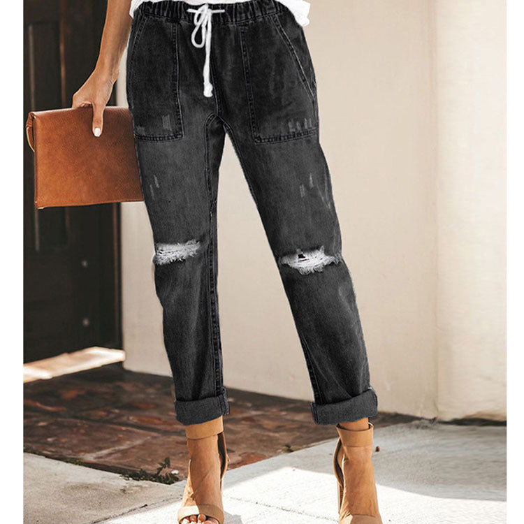 Women's Jeans Fashion Casual Street Hipster Korean Style Straight Leg Pants Ripped Trousers