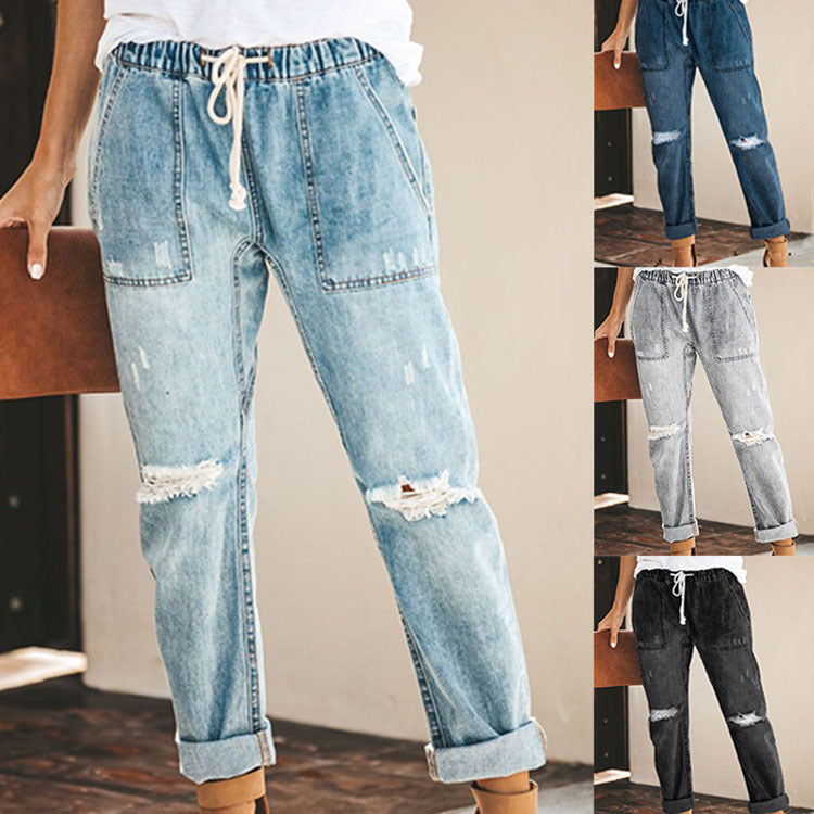 Women's Jeans Fashion Casual Street Hipster Korean Style Straight Leg Pants Ripped Trousers