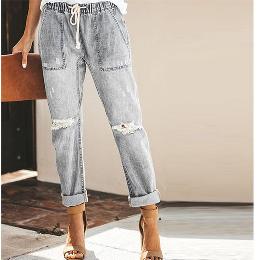 Women's Jeans Fashion Casual Street Hipster Korean Style Straight Leg Pants Ripped Trousers