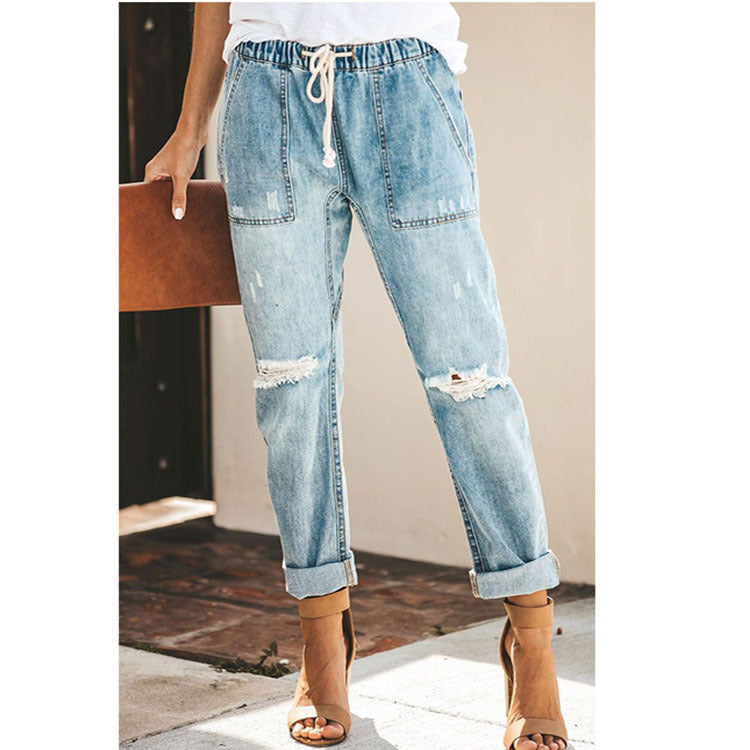 Women's Jeans Fashion Casual Street Hipster Korean Style Straight Leg Pants Ripped Trousers