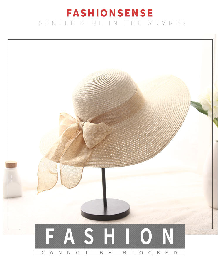 Female Ribbon Bow-Knot Wide Brim Beach Hat