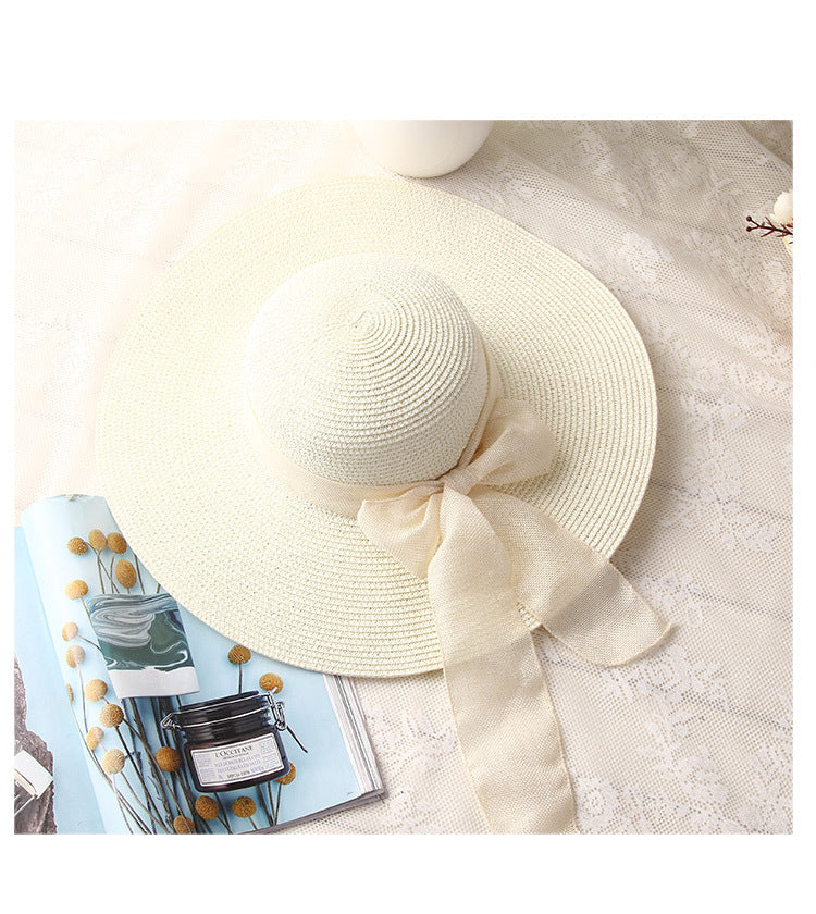 Female Ribbon Bow-Knot Wide Brim Beach Hat