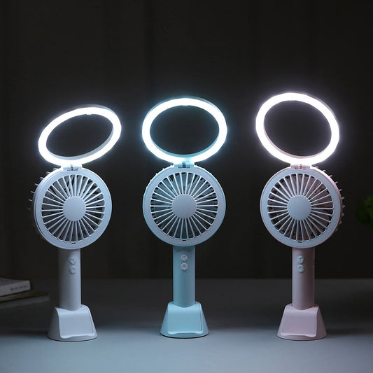 3 In 1 5V Mini USB Handheld Desktop Fan 3 Modes Cooling Wind Speed LED Light Phone Holder