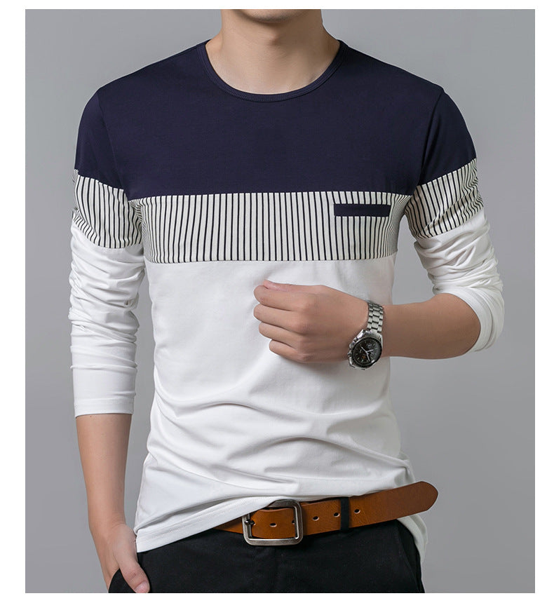 Men's Fake Pocket Slim Vertical Stripes Color Blocking Long Sleeve Casual T-Shirt