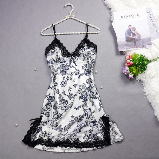 Summer New Ladies Silk Pajamas Suspenders Nightdress Sexy Charm Lace Ice Silk Pajamas