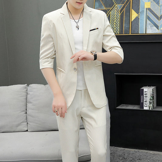 Mid-sleeve Suit Suit Men's Slim Stripe All-match Thin Section