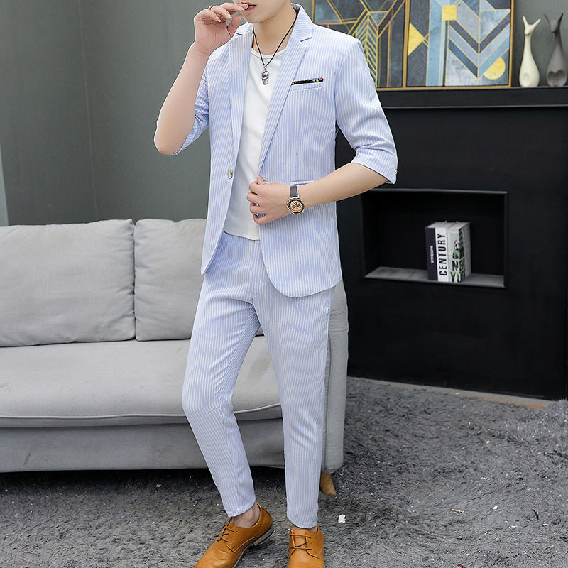 Mid-sleeve Suit Suit Men's Slim Stripe All-match Thin Section