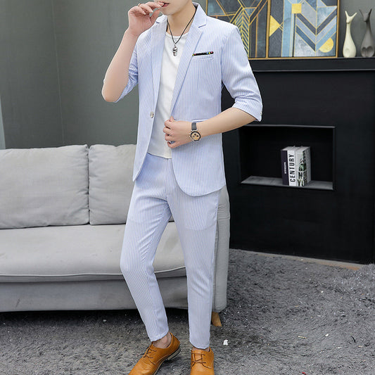 Mid-sleeve Suit Suit Men's Slim Stripe All-match Thin Section