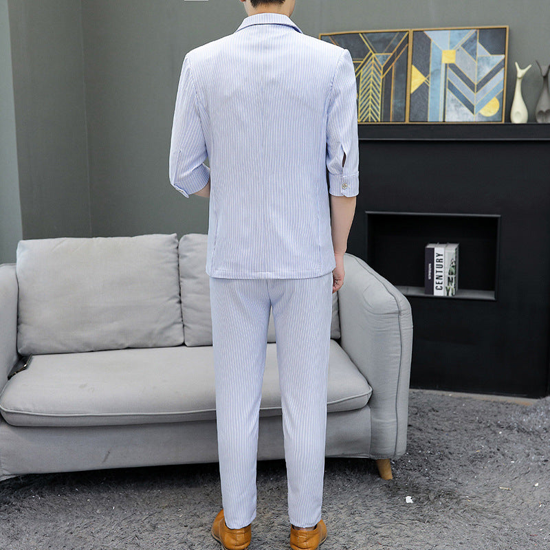Mid-sleeve Suit Suit Men's Slim Stripe All-match Thin Section