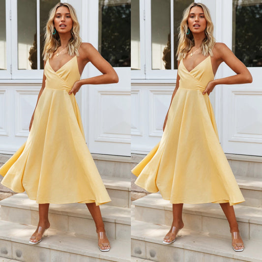 Deep V personality stitching strap dress