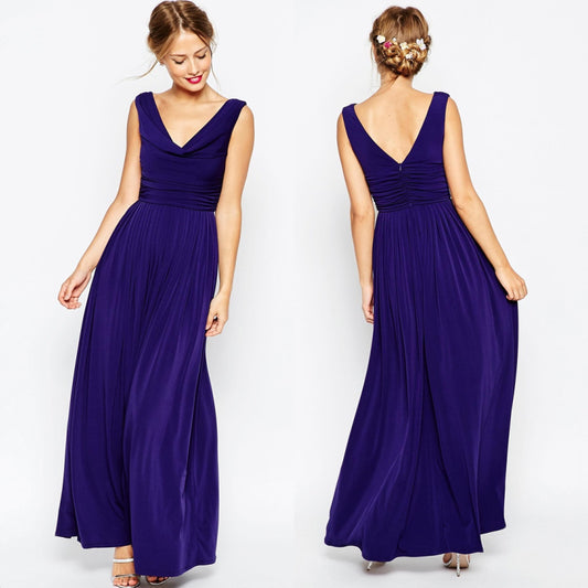 V-Neck Large Sleeveless Back Zipper Pleated Long Dress