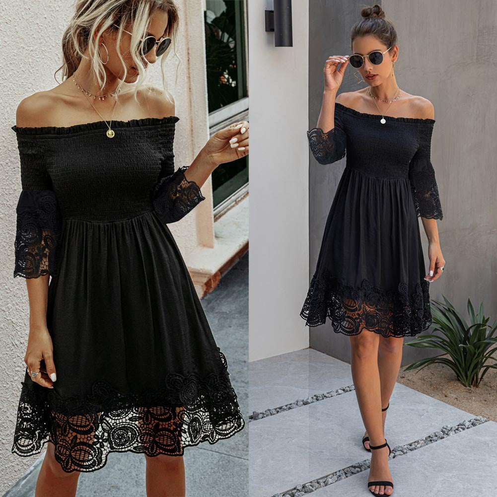 One-shoulder backless solid color lace dress