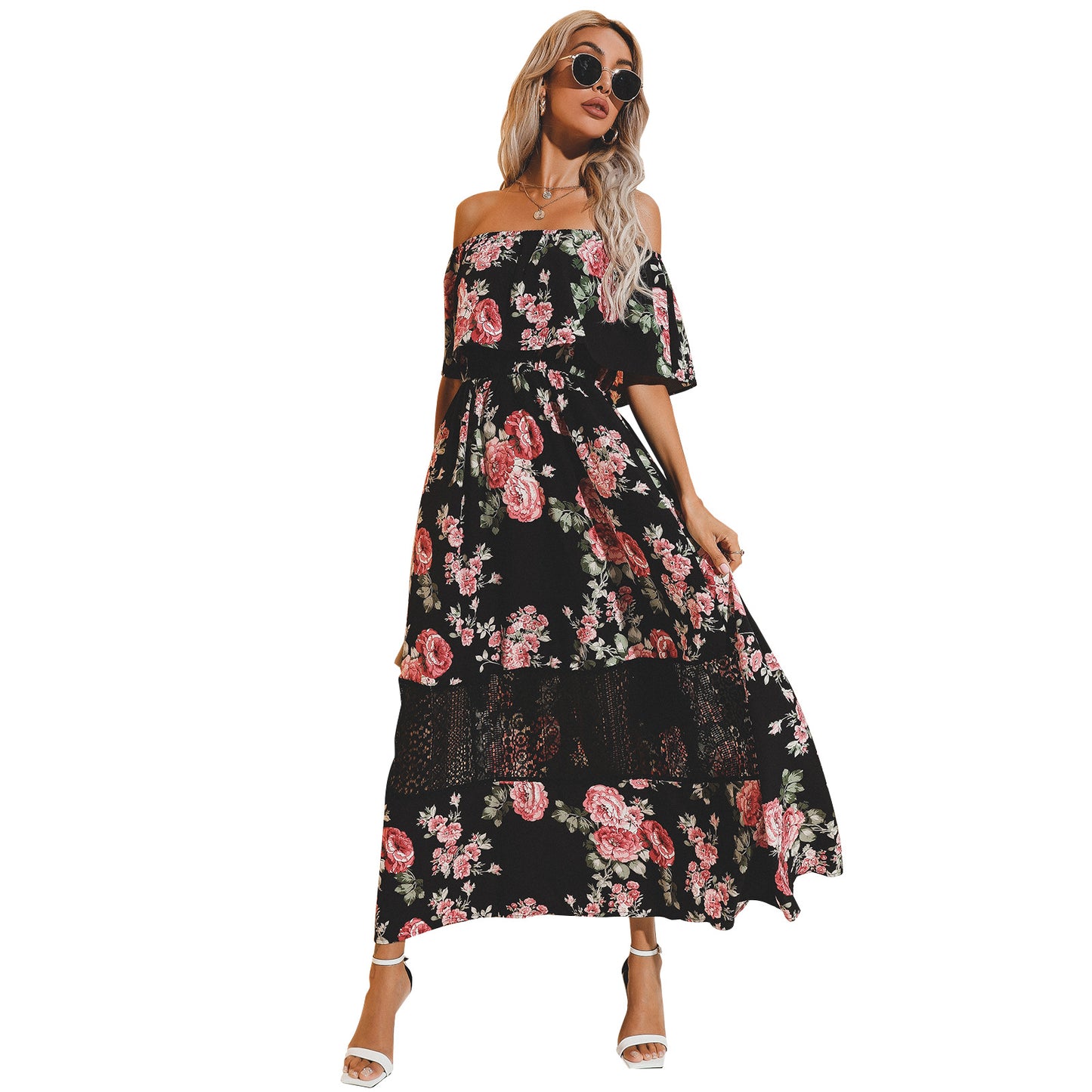 Women's Wrap Breast Print Black Lace High Waist Dress