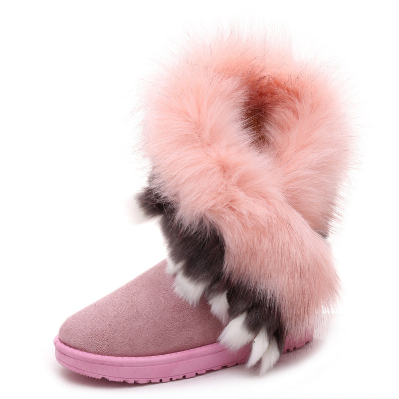 Women Winter Snow Boots Thick Fluffy Fox Fur Waterproof Non-slip Warm Cotton