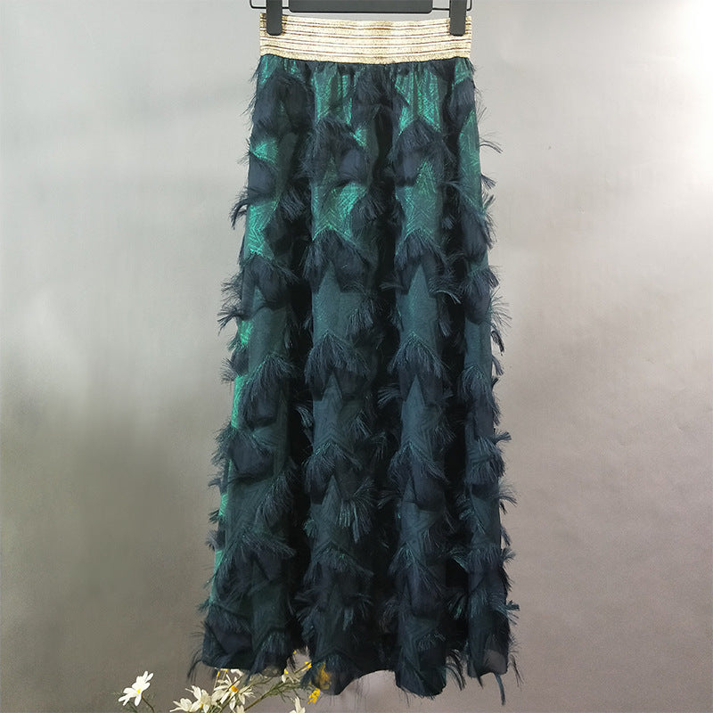 Gold Thread Elastic Waist Long Feather Skirt for women