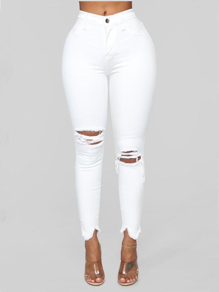 2022 ripped solid denim long pants for women