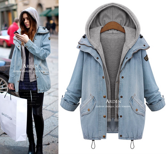 Women Casual Two Piece Set Denim Jacket Hooded Vest Oversized Coat Outwear