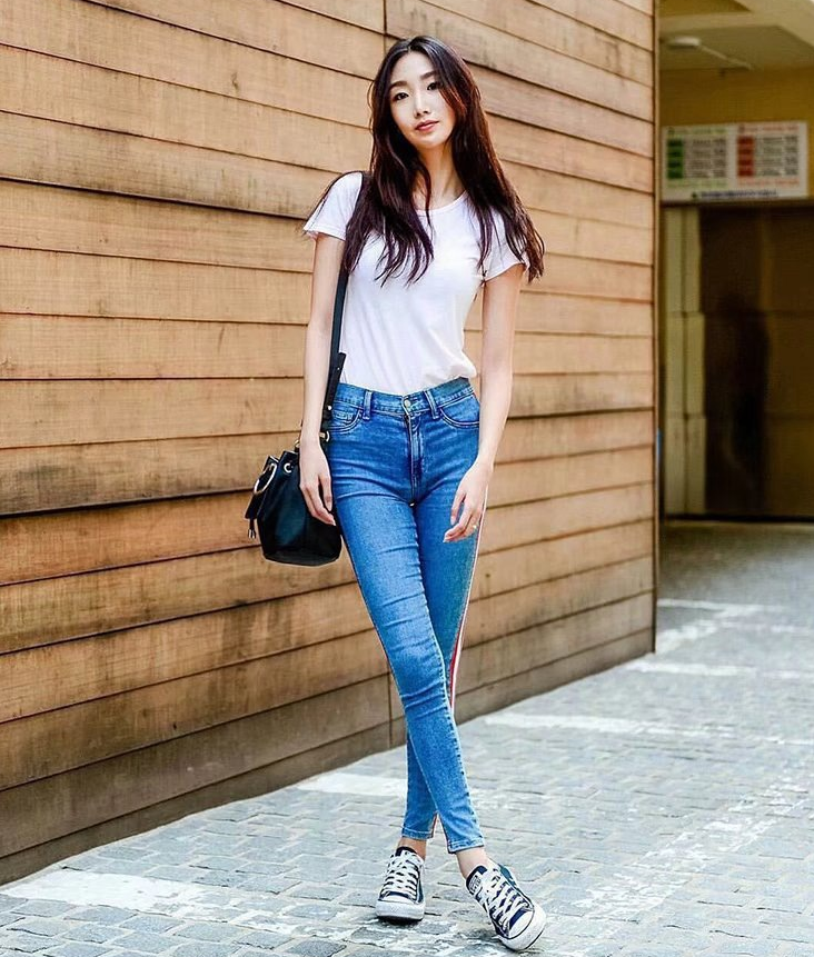 Women's color matching side stripe pencil pants new European and American fashion nine points pants jeans