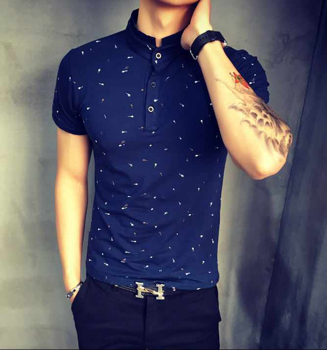 Guitar Print Stand Collar T-shirt