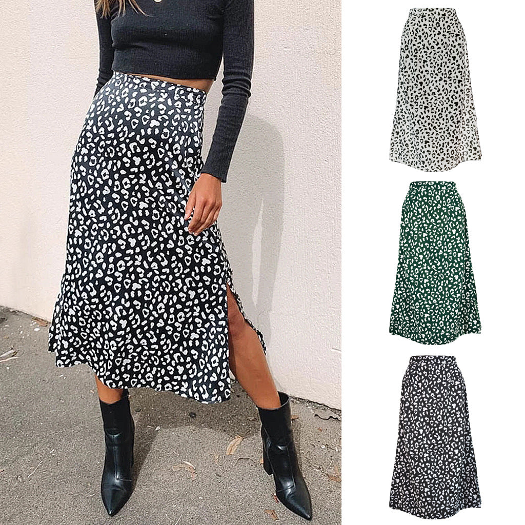 Leopard-print chiffon print split skirt for women