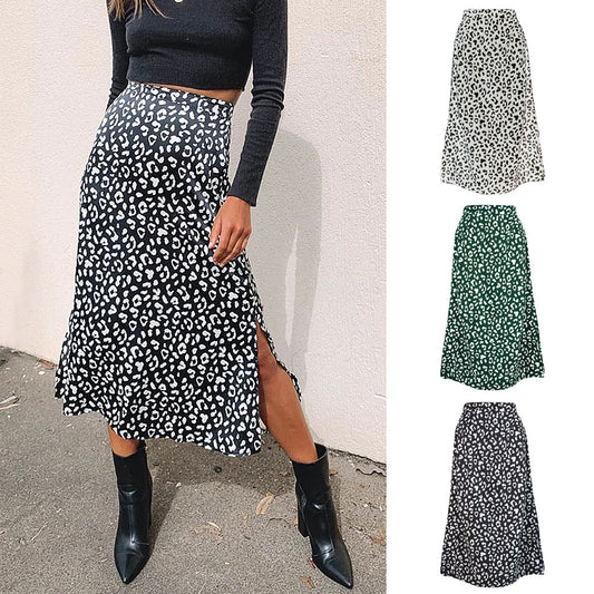 Leopard-print chiffon print split skirt for women