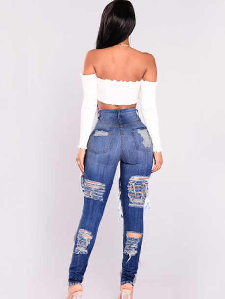 European and American style summer new grind hole jeans trousers feet high waist pants