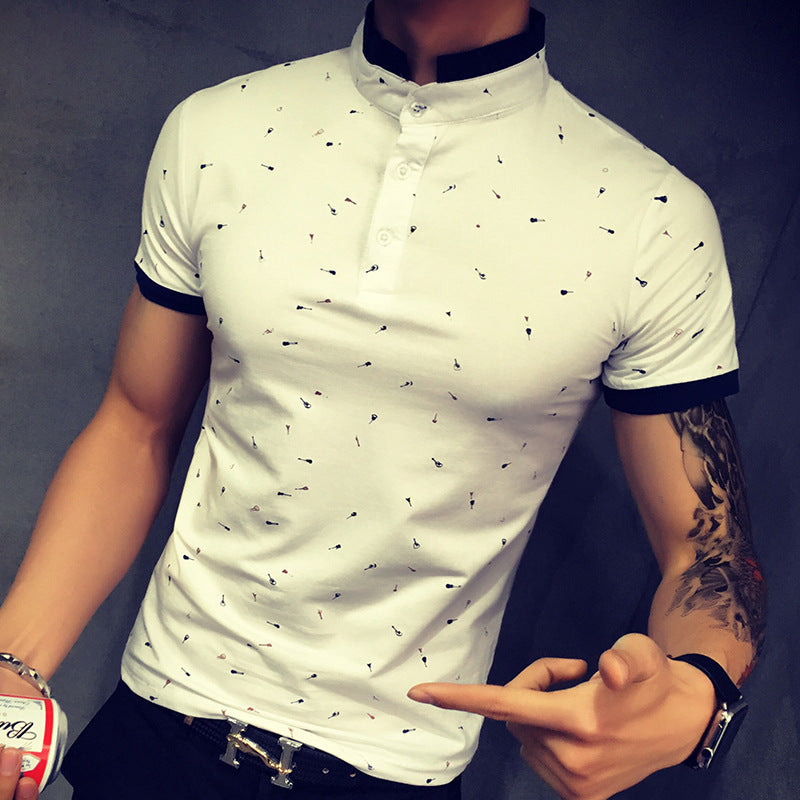 Guitar Print Stand Collar T-shirt