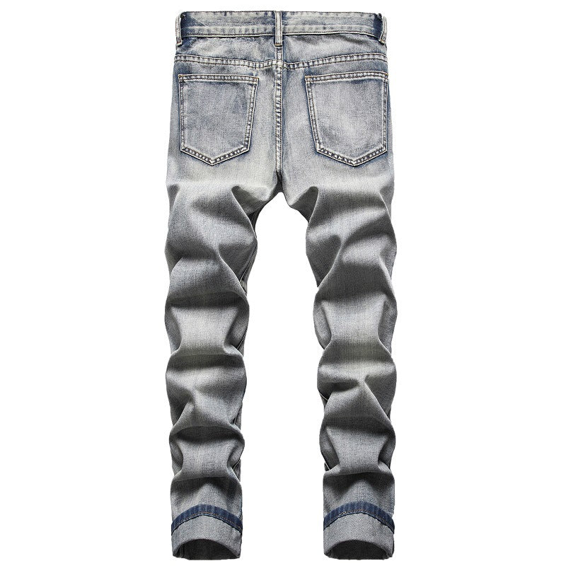 European And American Nostalgic Men Ripped Personality Mid-Rise Jeans