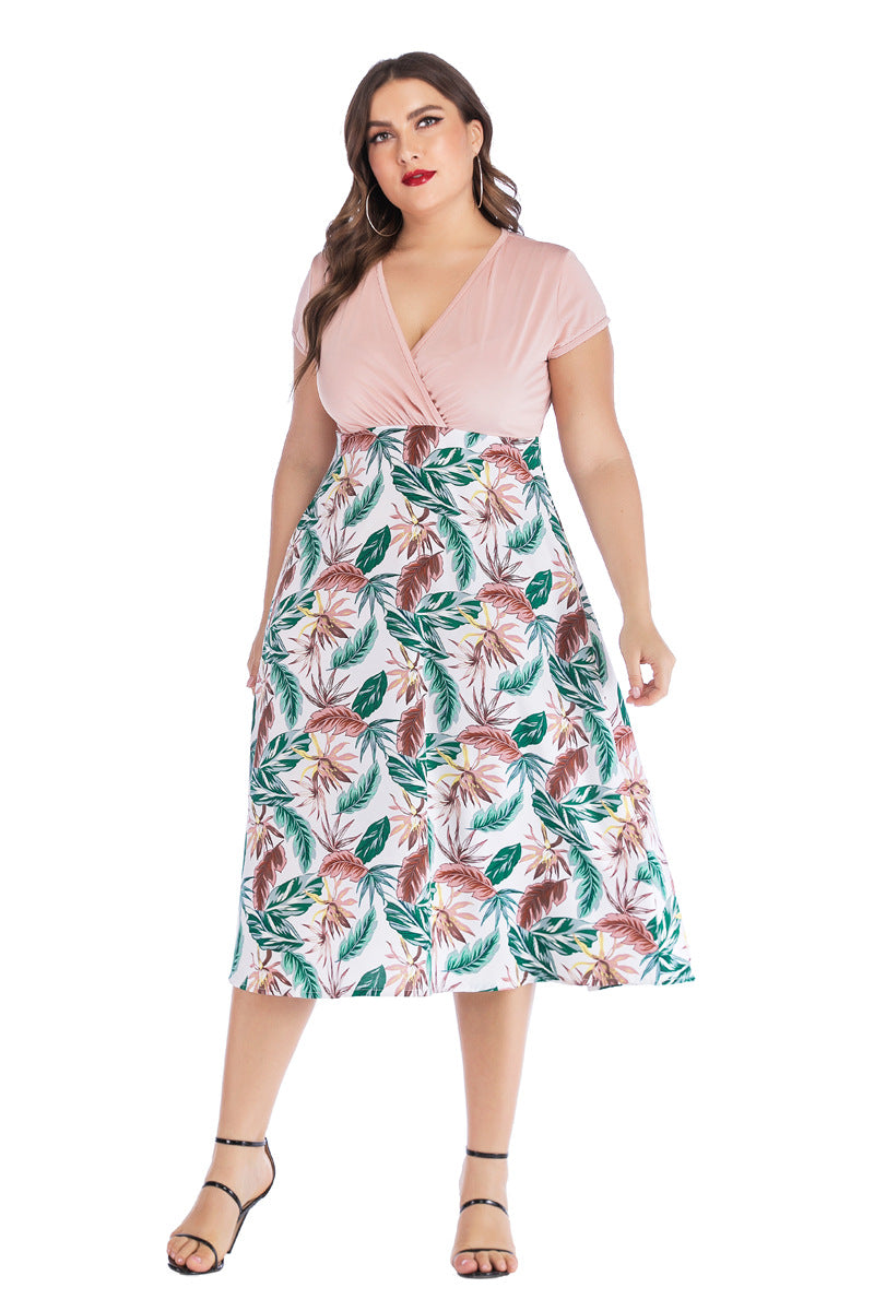 Summer New V-neck Printed Stitching Short-sleeved Dress