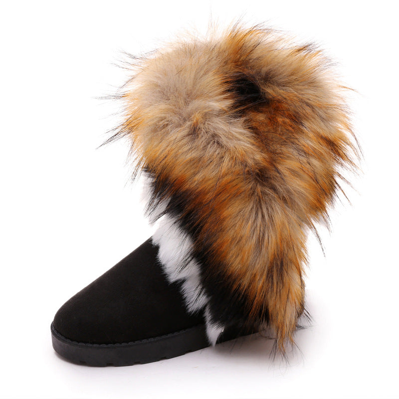 Women Winter Snow Boots Thick Fluffy Fox Fur Waterproof Non-slip Warm Cotton