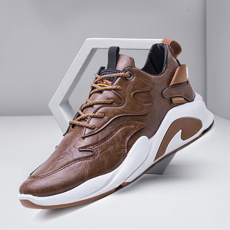 Men's Casual Shoes With Round Head Leather And Thick Sole